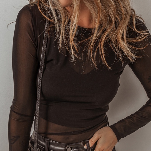 Tops - B155 Black Mesh Long Sleeve Slim Fit Bodysuit